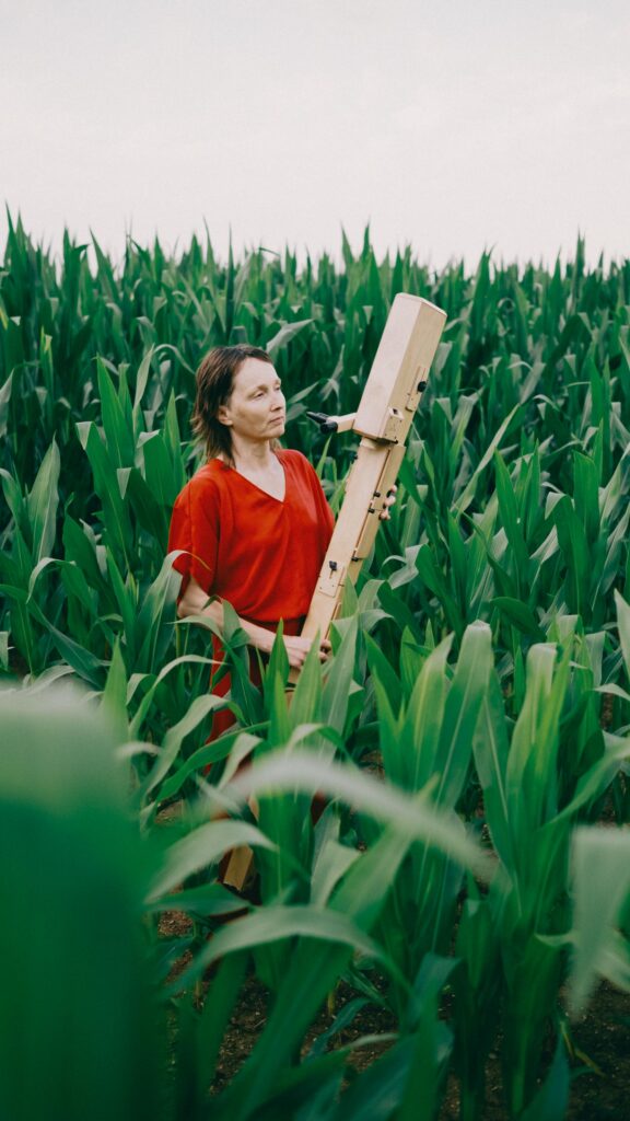 Frau im roten Kleid im Feld